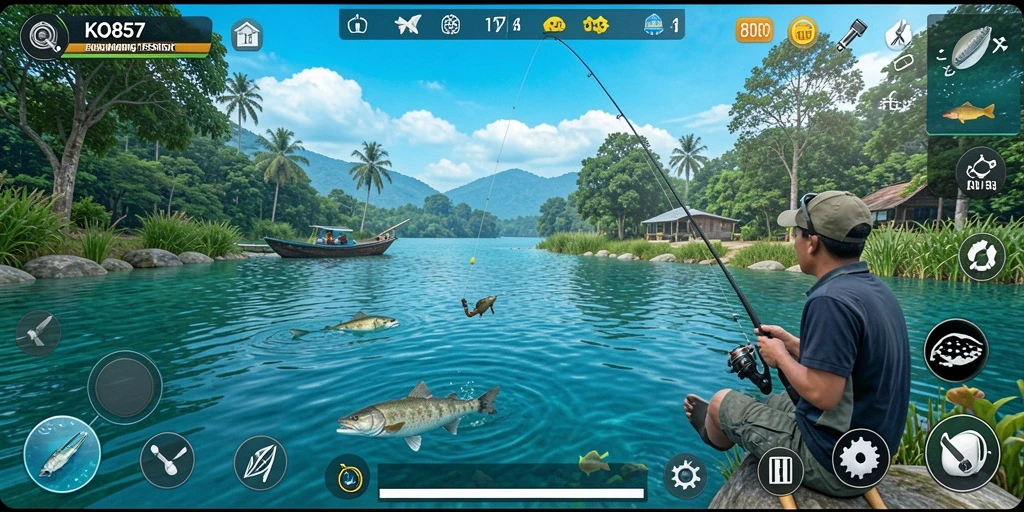 Tampilan gameplay <strong>KO857</strong> dengan efek visual yang menakjubkan saat memancing.