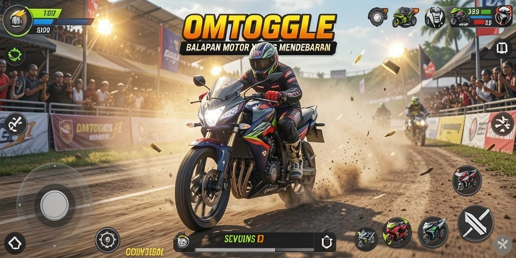 Screenshot OMTOGEL menampilkan aksi balapan motor yang mendebarkan.