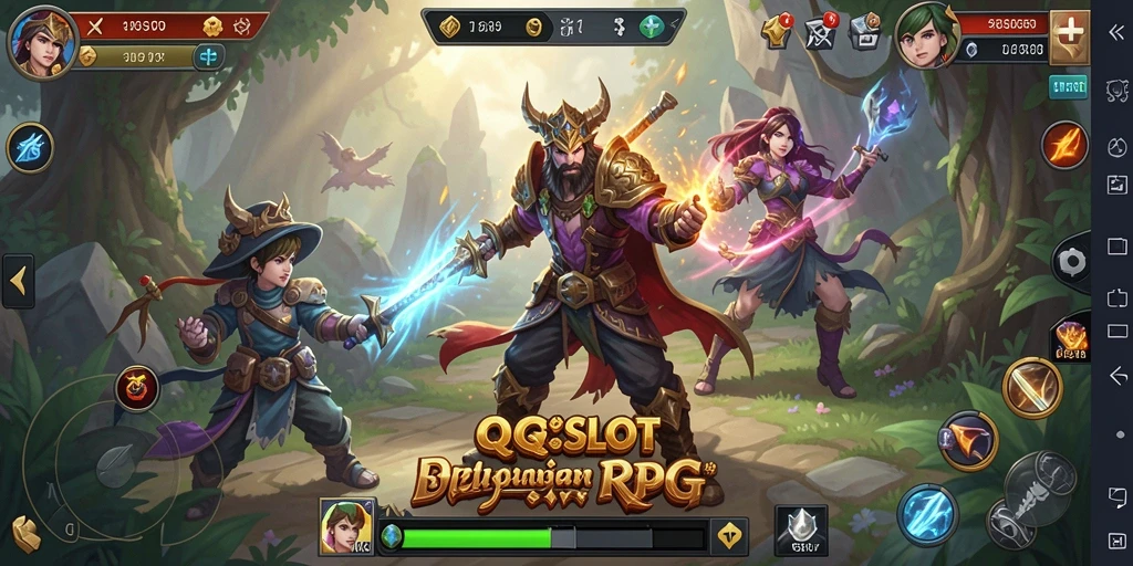 Tangkapan layar gameplay QQSLOT menunjukkan pertarungan epik karakter RPG.